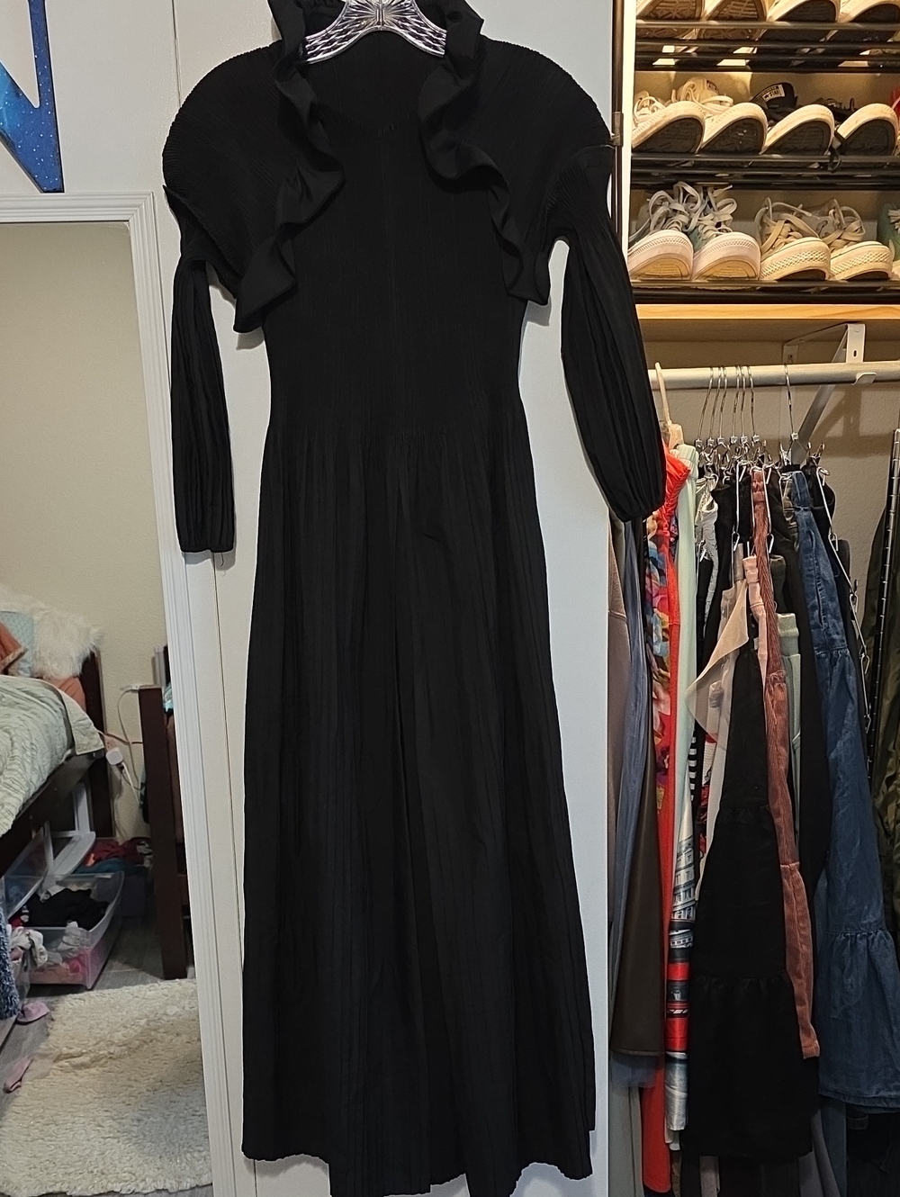 Black Ruffle-Trim Maxi Dress with Long Sleeves One Size Fits All